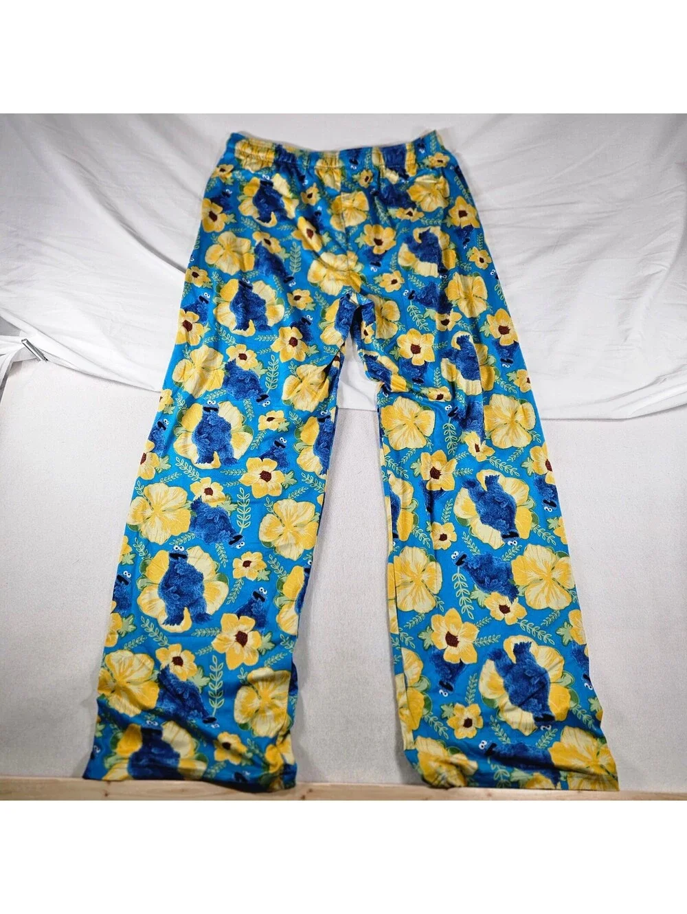 Sesame Street Cookie Monster Pajama Pants Mens XL Tropical Floral Hibiscus Blue